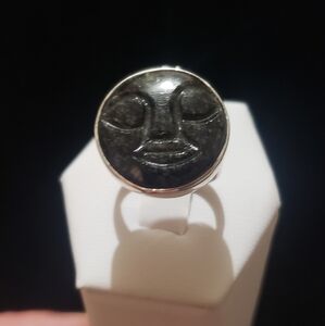 Obsidian Moon Face Ring ~ 925 Sterling Silver